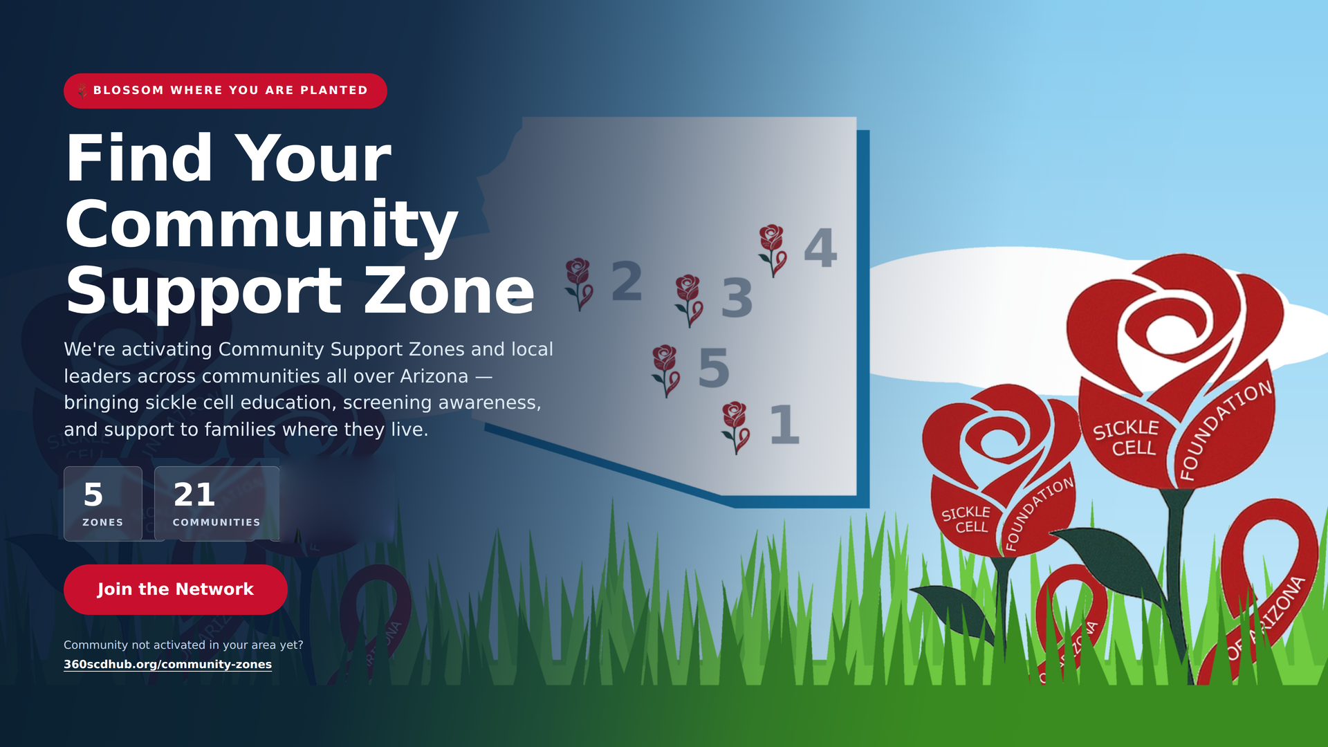Find Your Community Support Zone — Blossom Where You Are Planted, with an Arizona map of the five zones
