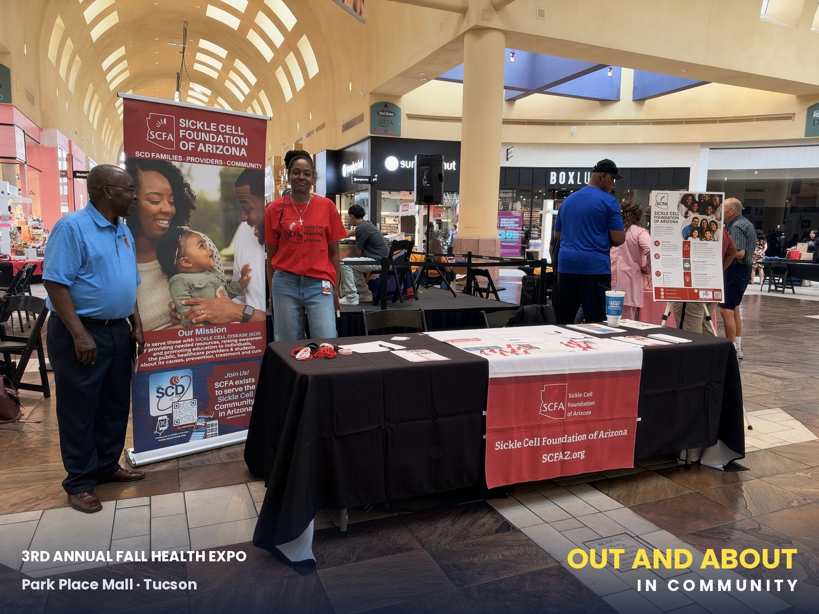 Moses Akpan and Akilah Gilbert at the Sickle Cell Foundation of Arizona booth, Center Court, Park Place Mall.