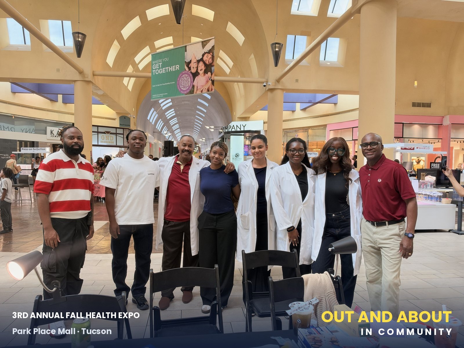 Dr. Butch Diggs (third from left, in the white lab coat) with the students he is mentoring along the dentistry pathway.