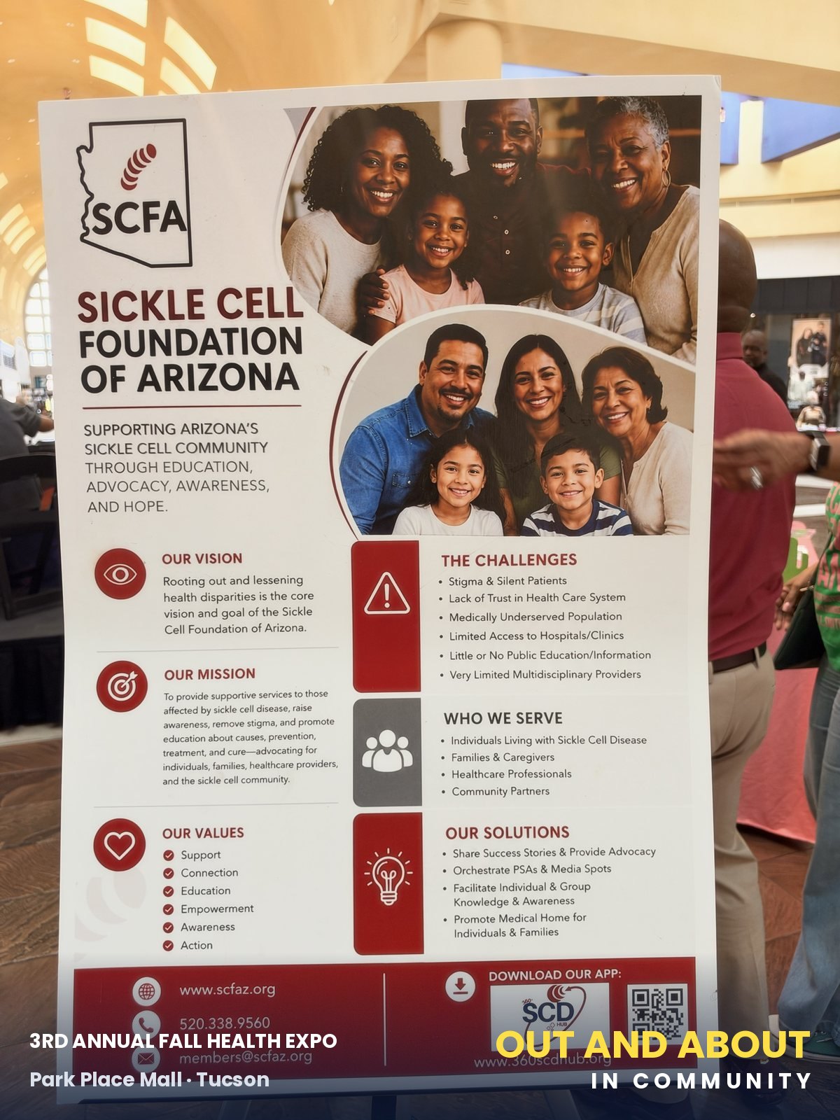 The Sickle Cell Foundation of Arizona's vision, mission and values, with a QR code for the 360 SCD Hub app.